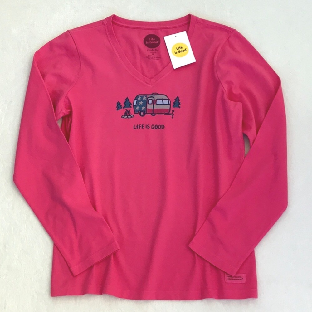 Beautiful "Life Is Good" Camper Pink Long Sleeve Top M - Picture 1 of 9